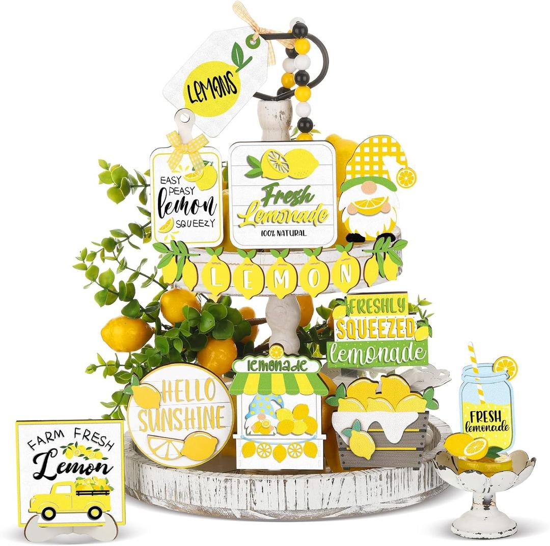 Kajaia Farmhouse Tiered Tray Decor Set Home Wooden Signs Rustic Sweet Home Tabletop Wooden Block Sign for Table Decor (Lemon)