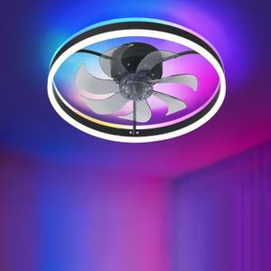 Smart Ceiling Fan with Light, 20'' Low Profile Ceiling Fan for Bedroom, RGB Ceiling Fans Works with Alexa, 4CCT Dimmable Modern Flush Mount Ceiling Fan with Music Sync&66 DIY Color Scenes,Black
