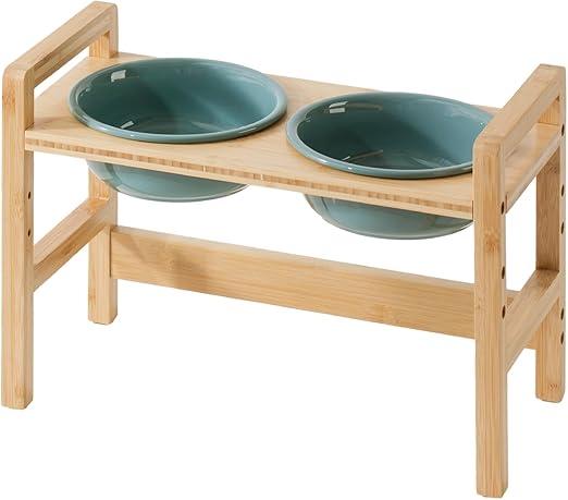 Adjustable Raised Double Dog Bowls with Wooden Stand, 3 Heights Elevated S