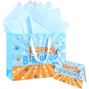 Jadsmpi 13" Large Dog Paw Print Gift Bags with Cards Tissue Paper,Blue Yellow Puppy Paw Print Bag, Cat Dog Pet Theme Birthday Gift Bag Party Supplies Decoration