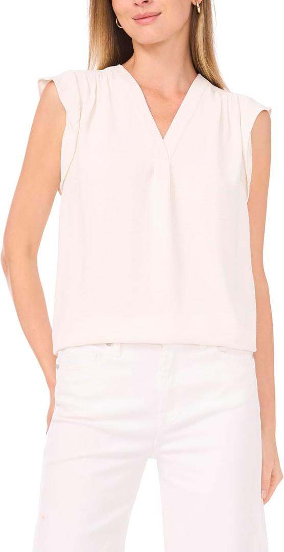 Vince Camuto Women's Sleeveless V-Neck Ruffle Sleeve Blouse (Beige, S)