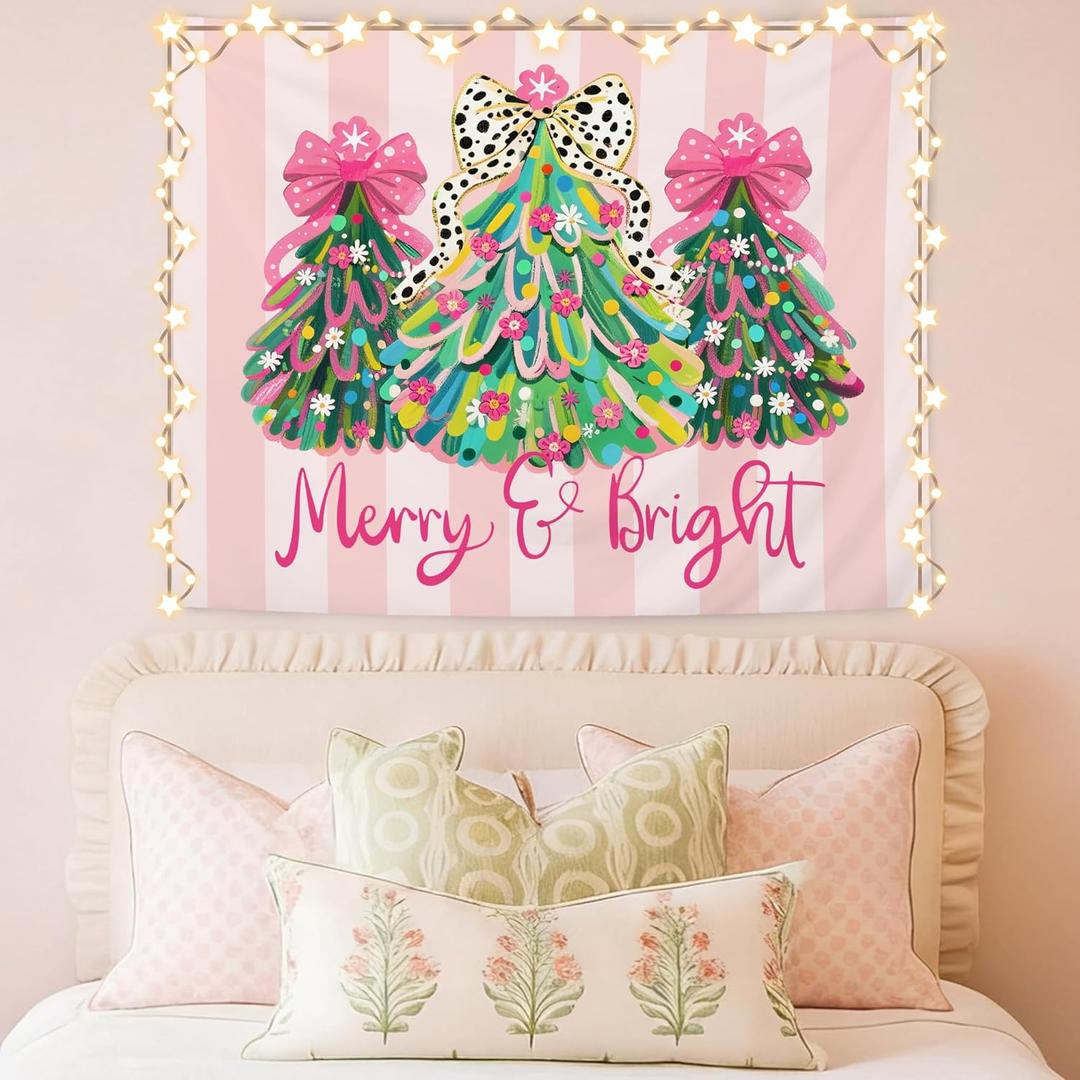 WHCHJ Coquette Christmas Tree Tapestry Backdrop, Merry and Bright Christmas Tapestry Wall Hanging, Preppy Girly Pink Striped Xmas Tapestries Wall Blanket Decor for Party Home Room Dorm, 50x60 Inch