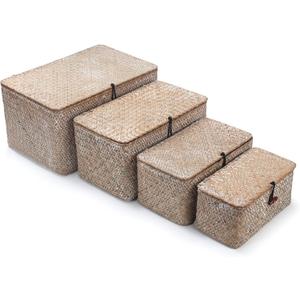 Wicker Basket with Lid, Seagrass Storage Basket, Woven Decorative Storage Baskets for Shelf Organizing, Whitewash