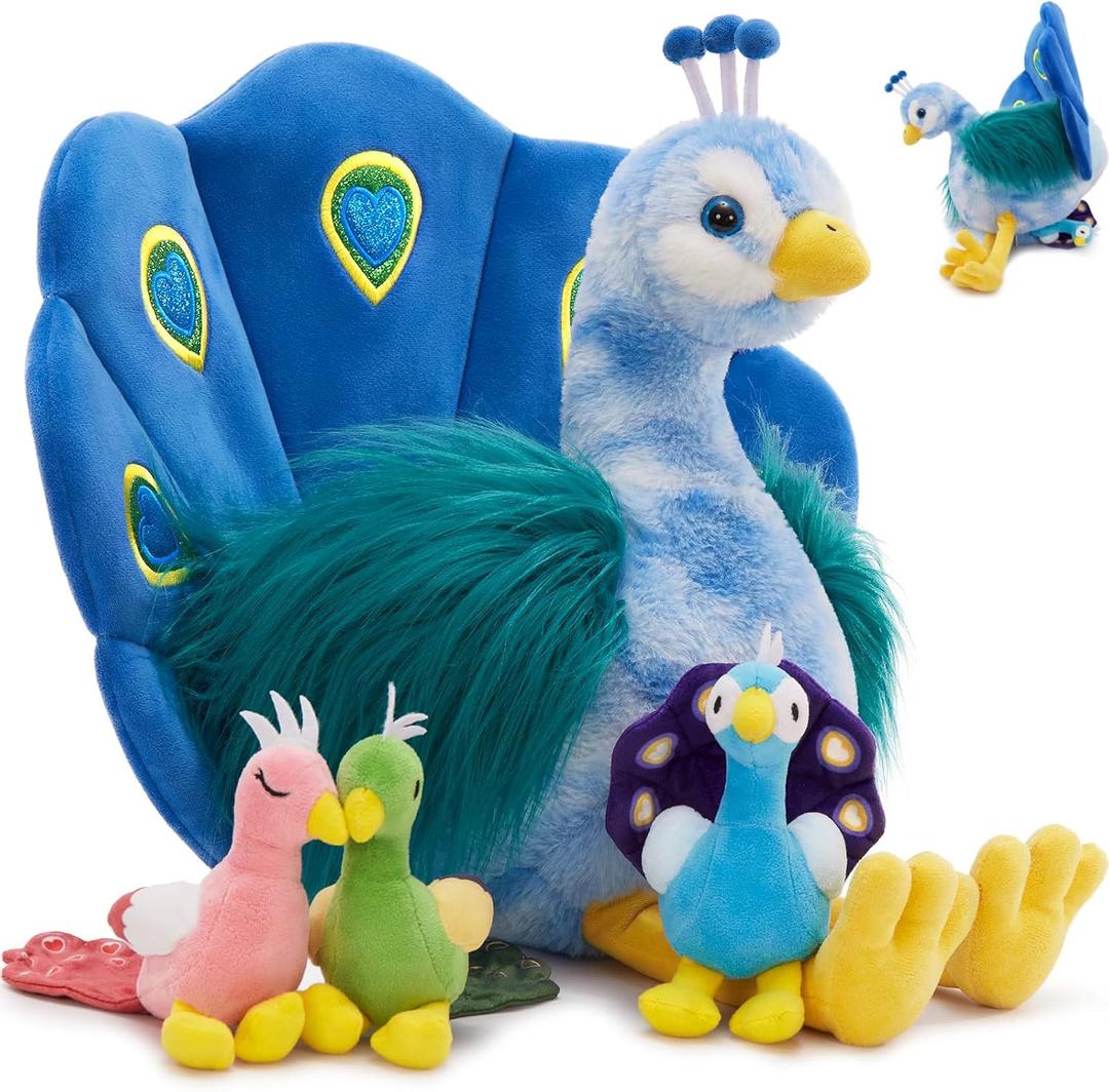 MorisMos Plush Peacock Stuffed Animal with 3 Baby Bird Plush Toys,18''Mommy Peacock Toys for Girl Boy Kid,Realistic Bird Stuffed Animals Gift for Birthday Decor Baby Shower Christmas,CE/CPC Certified, 18 Iinches