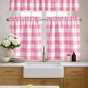 Buffalo Check Tier Curtains with Valance 3 Piece Set, 26x36 Tier Panels and 54x18 Valance, Farmhouse Rod Pocket Kitchen Window Curtains Dcor, Rose Pink