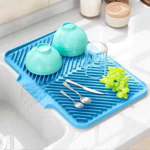 Dish Drying Mat Kitchen Counter - Silicone Dish Drying Pad with Built-in Drain for Sink, Refrigerator and Drawer Liner, Easy Clean, Non-Slip, Heat Resistant, 14.8" x 10.7"