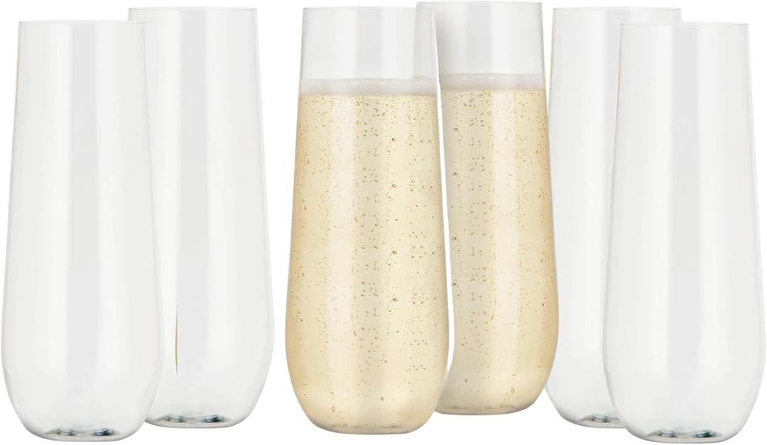 Oggi Unbreakable Champagne Flutes, Set 6 - Elegant Reusable Plastic Wine Cups, Stemless Wine Glass Flute Design, Shatterproof Plastic, Ideal for Indoor and Outdoor Use, Recyclable - 9oz / 265ml (Clear)