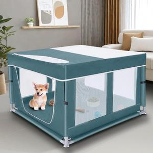 Dog Kitten Playpen with Cover, 42x42 x25.5 Puppy Playpen for Small Pet with SeeThrough Topper Proof, Green