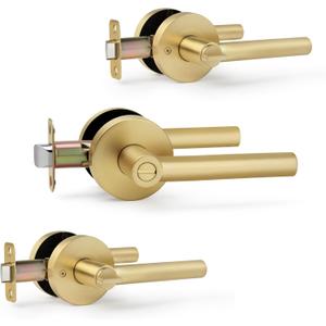 Brushed Gold No Keys Privacy Door Handle, Round Design Keyless Heavy Duty Door Lever with Satin Brass Finish, 3 Pack Wholesale Reversible for Left/Right Handed for Bedroom and Bathroom Door