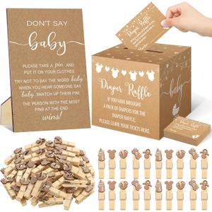 Cinnvoice 102 Pcs Diaper Raffle Tickets with Raffle Box Baby Shower Party Decorations Don't Say Baby Sign Clothespin for Gender Reveal Party Invitation Insert Card Theme Game(Brown,Kraft)