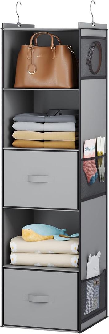 YOUDENOVA Hanging Closet Organizer, 5 Tier Hanging Closet Shelves with 6 Side Pockets and 2 Drawers, Light Grey