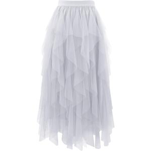 Tulle Skirts for Women A Line Fairy Tiered Skirt Midi Length High Elastic Waist Long Skirt (White, XXL)
