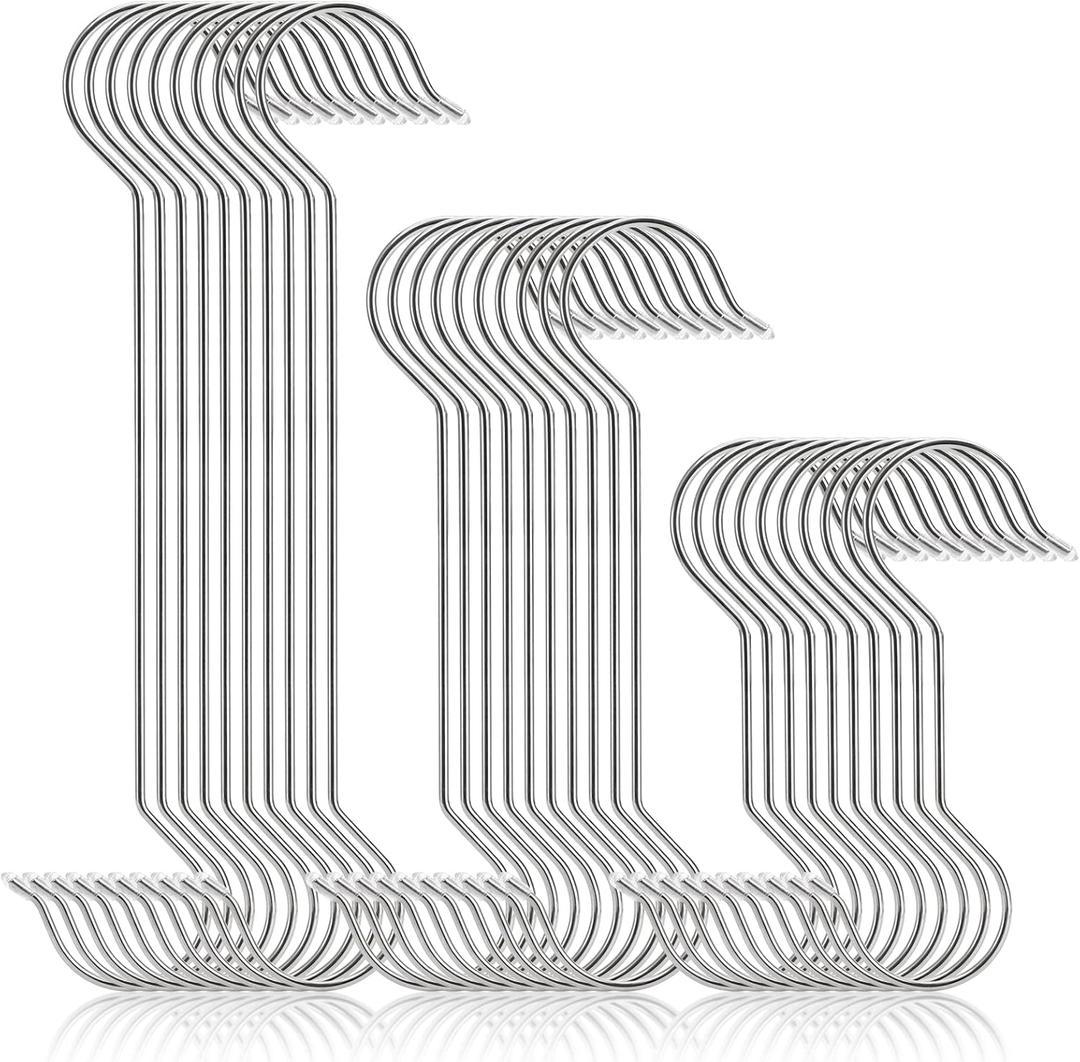 Frcctre 30 Pack Stainless Steel S Hooks Large S Shape Hanging Hooks, 8"/12"/16" Utility Heavy Duty Metal Long S Hook for Garden Kitchen Bathroom Wardrobe, Indoor & Outdoor Use