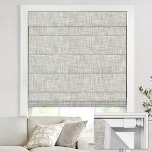 UNISHADES no Drill Cordless Roman Shades for Windows, 33" W 64" H - 100% Blackout - Linen - Beige