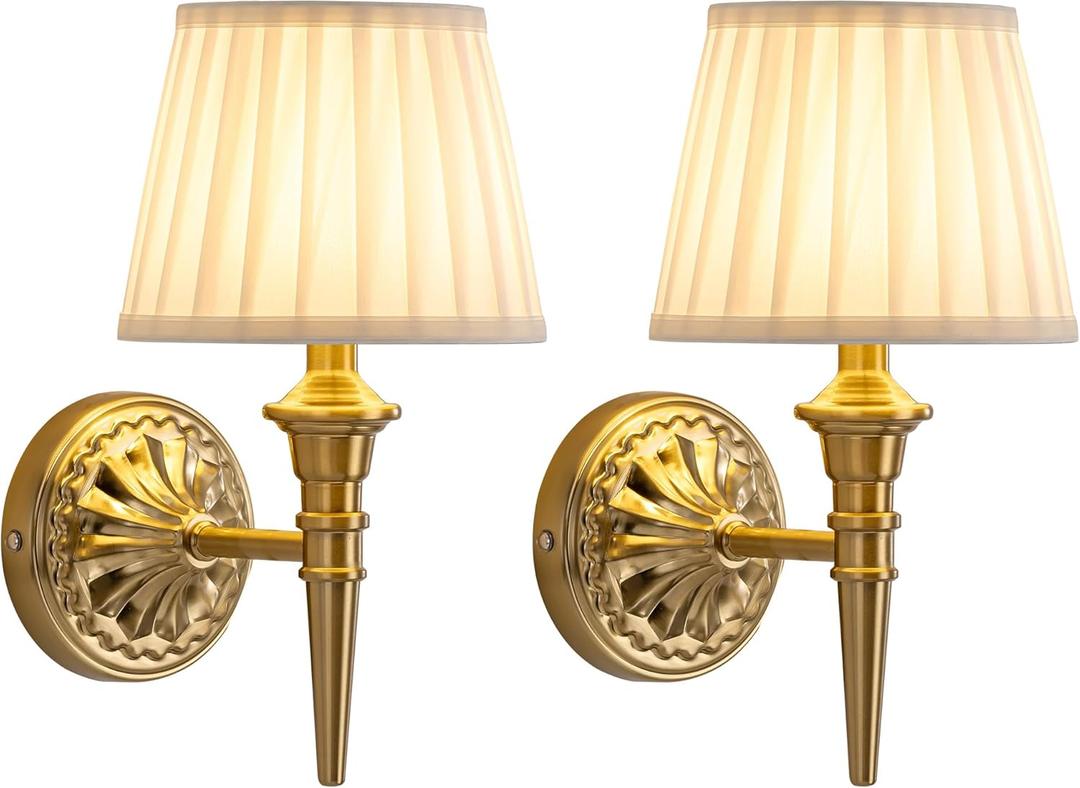KDG Cordless Wall Sconces Set of 2, Small Wireless 5200mAh Rechargeable Battery Fabric LED Wall Lamps, Portables Lightings for Wall Painting, Living Room, Bedroom, Hallway, Gifts, Night Light (Gold)
