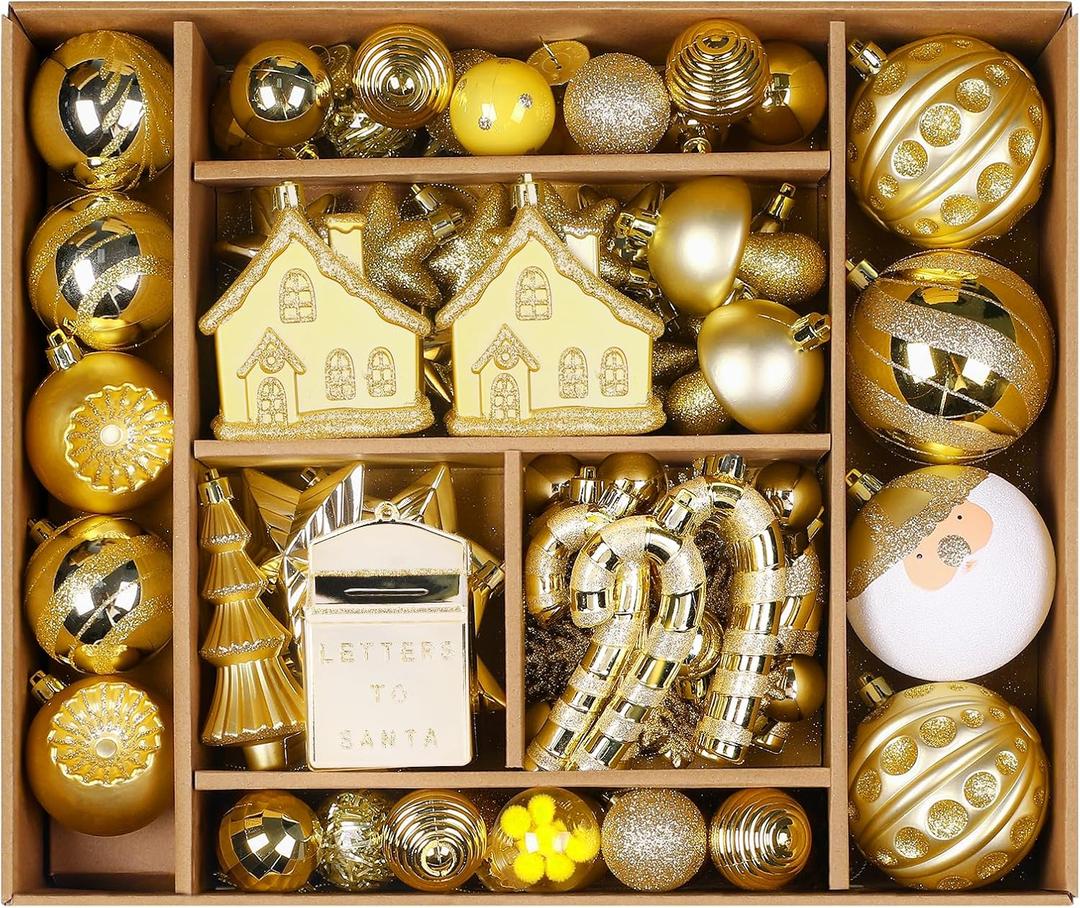 SHareconn 80ct Christmas Balls Ornaments Set, Shatterproof Plastic Colorful Xmas Decorative, Baubles for Tree Decorations with Hanging Strings, Deep Shallow Gold