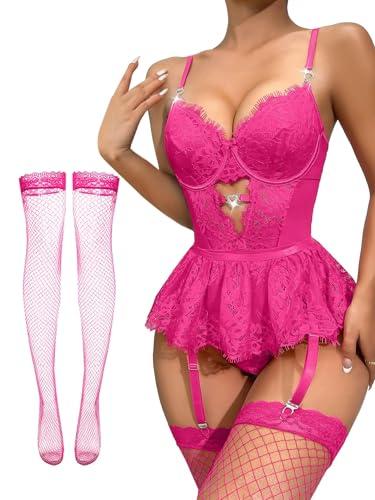 Lilosy Plus Size Curvy Sexy Stocking Rhinestones Heart Garter Underwire Floral Mesh lace Sheer Babydoll Lingerie Teddy Bodysuit Skirt Set Women 2 3 Piece Push Up See Through Hot Pink XX-Large |