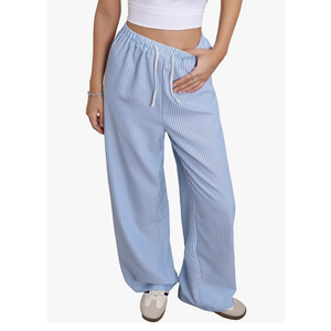 Women's Striped Print Straight Wide Leg Linen Pants Drawstring Waist Slant Pockets Pants Casual Long Pants Small
