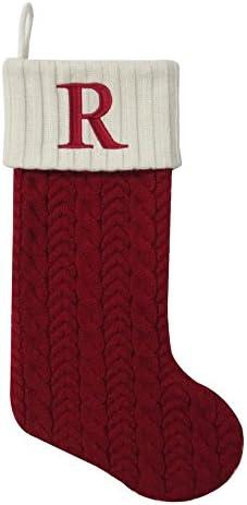 MFT St. Nicholas Square 21-inch Monogram Embroidered Initial Cable Knit Red Christmas Holiday Stocking Letter R