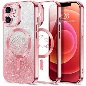 Hython for iPhone 12 Case Glitter, Compatible with MagSafe Love Heart Magnetic Clear Phone Cases for Women Girls, Full Camera Protection Sparkle Plating Shockproof Protective Cover, Pink