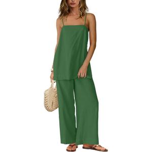 Yanekop Linen Sets for Women 2 Piece Pants Summer Outfits Matching Lounge Sets Spaghetti Strap Tank Top Pants Sets (X-Small, Grass Green)