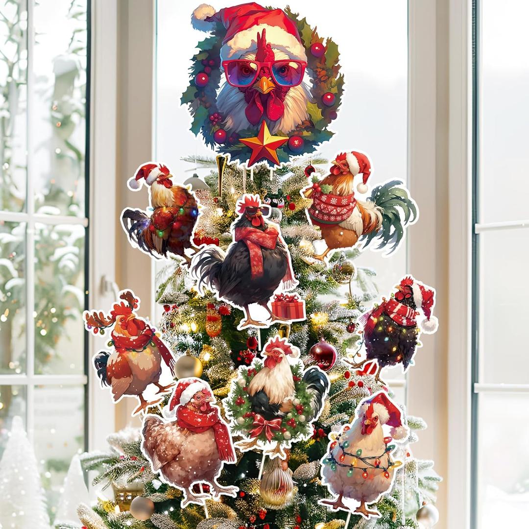 Christmas Chicken Tree Topper 9Pcs Ornament Tree Decorations Chicken Decor for Xmas Tree Top Decoration Indoor Outdoor Home Holiday Party