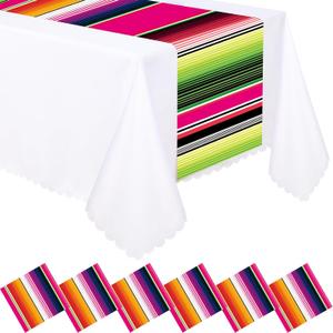 Preboun 12 Pcs Plastic Mexican Table Runner Dia De Los Muertos Serape Table Runner 14 x 108 Mexican Fiesta Colorful Striped Tablecover for Day of The Dead Cinco De Mayo Party Decor (Rose Red Series)