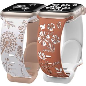 Wearlizer 2 Pack Floral Engraved Band Compatible with Apple Watch Bands 41mm 40mm 38mm Women, Cute Two-Tone Flower Soft Silicone Sport Strap for iWatch 9 8 7 6 5 4 3 2 1 SE Ultra 2-Variation 1