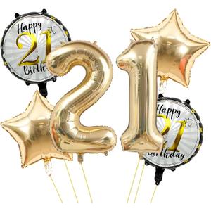 40 Inch Champagne Gold 21 Number Balloons Light Gold Number 21 Foil Mylar Helium Balloons,18 Inch Stars Happy Birthday Round Balloon for Girls Boys 21th Happy Birthday Anniversary Decoration Supplies, Large