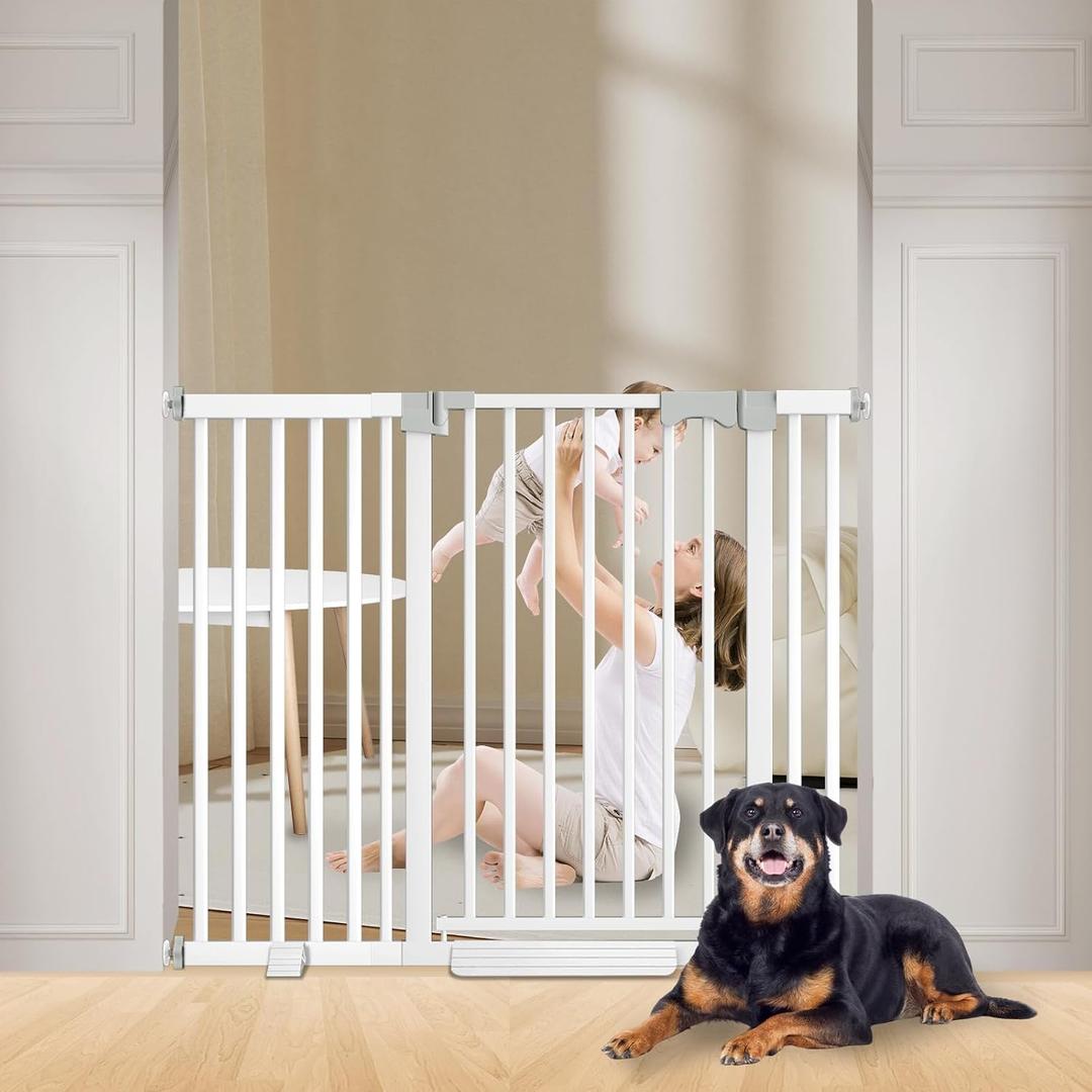 41'' Extra Tall Baby Gate for Large Dogs Pets Indoor No Jumping Over, 46-54.7'' Wide Heavy Duty Puppy Gate for Doorways, Pressure Mounted Metal Gate for Child Toddler No Tools Needed(White)