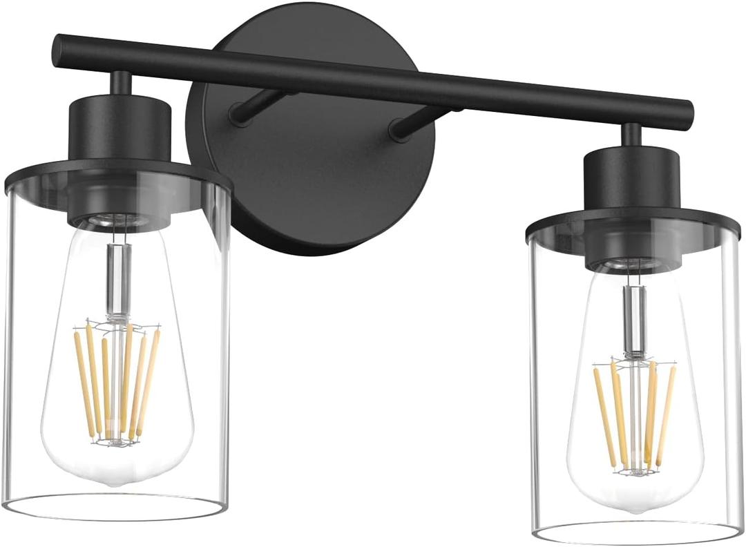 Aipsun Black Vanity Light 2 Lights Farmhouse Bathroom Lights Fixtures Over Mirror with Clear Glass Shade(Exclude Bulb) (14.6 inch)
