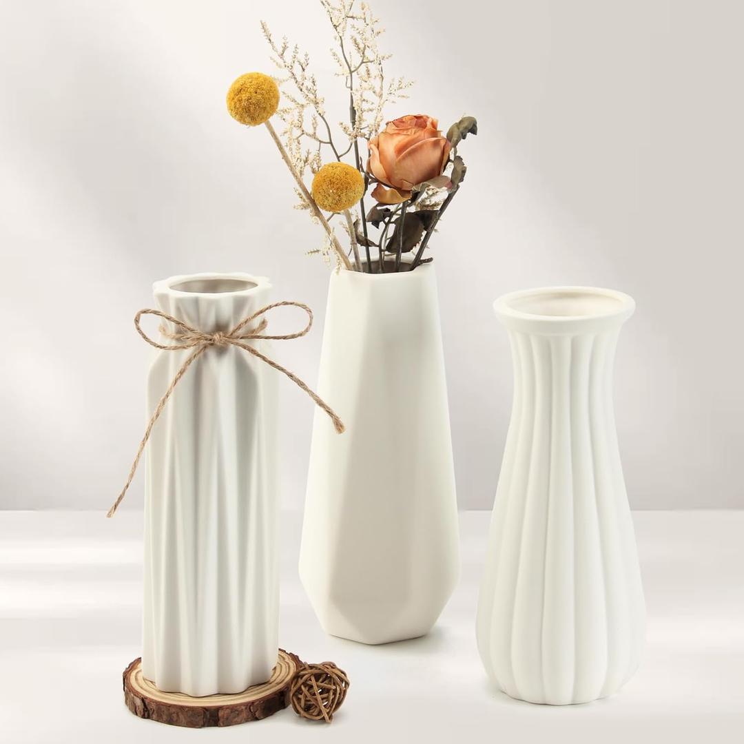 Ruckae 8 Inch Matte Ceramic Vases Set of 3 White Unglazed Vase Vintage Flower Vases for Wedding Dinner Table Party Office Centerpieces