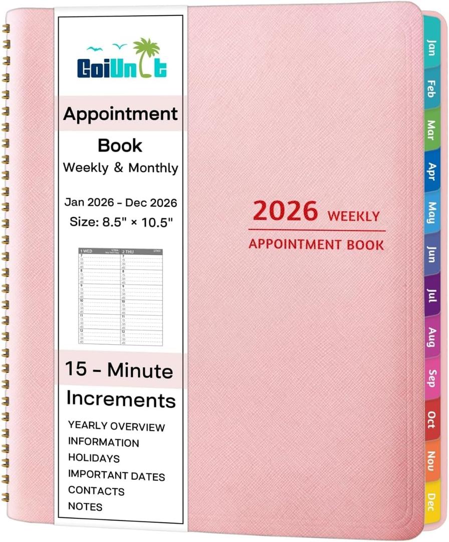 2026 Appointment Book - January - December 2026, Appointment Planner with Weekly  Monthly Spread, 8.5'' x 10.5'', Large, 15 Minute Increments, 2026 Daily Planner with Pockets, Tabs, Soft Cover