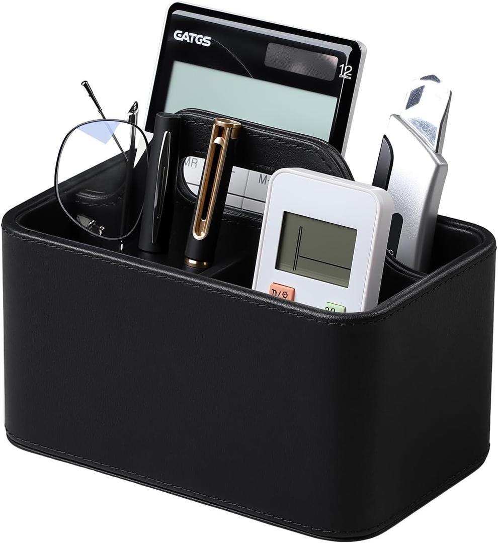 Caddy Organizer with Handle, PU Leather Remote Control Holder Desk Caddy, Portable Makeup Remote Organizer for Table, Nightstand, Office (Black)