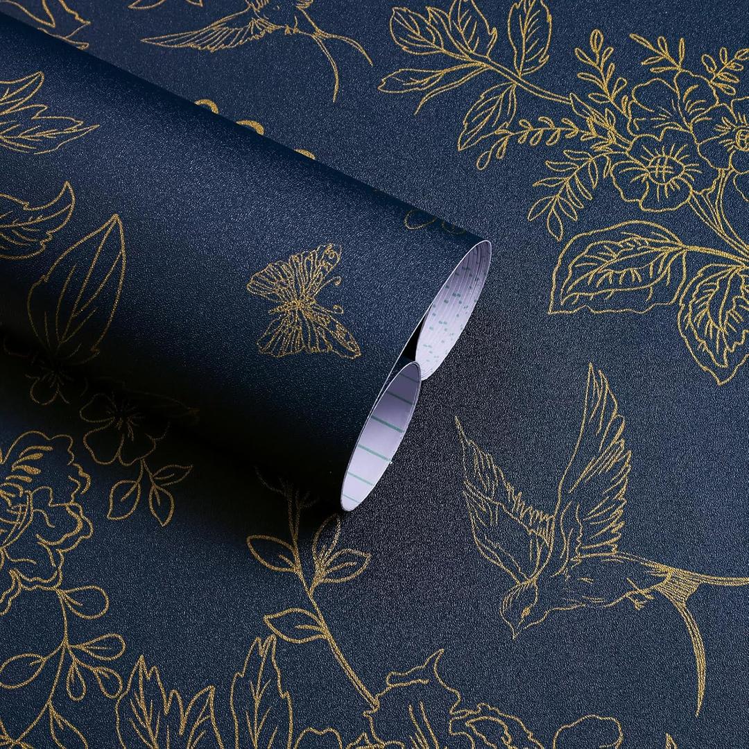 Froluya Dark Blue and Gold Vintage Floral Peel and Stick Wallpaper 17.7"x118.1" Dark Blue Floral Wallpaper Peel and Stick Removable Self Adhesive Wall Paper for Bathroom Bedroom Decorative Vinyl
