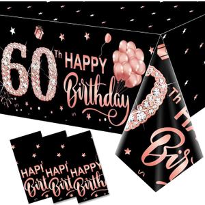 3 Pack Pink Rose Gold 60th Birthday Tablecloth Decorations - Happy Sixty Theme, Plastic Disposable Rectangular Table Cloth Decor