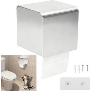 Cat Dog Proof/Waterproof/Covered Toilet Paper Holder with Storage, Stainless Steel Self Adhesive Toilet Paper/Tissue Holder/Dispenser Wall Mount for Bathroom No Drill (Silver)