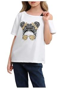 SHENHE Girl's Summer Graphic Tee Cut Out Shoulder Short Sleeve Asymmetrical Tshirt Top White 11Y