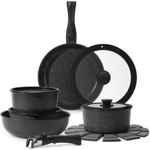 15Pcs Pots and Pans Set Non Stick, Cookware Sets with Detachable Handle, Nonstick RV Kitchen Cooking Tools Removable Handles, Oven Safe, Induction Fast, Stackable Induction Cookware,Black (15 Pieces, Black)