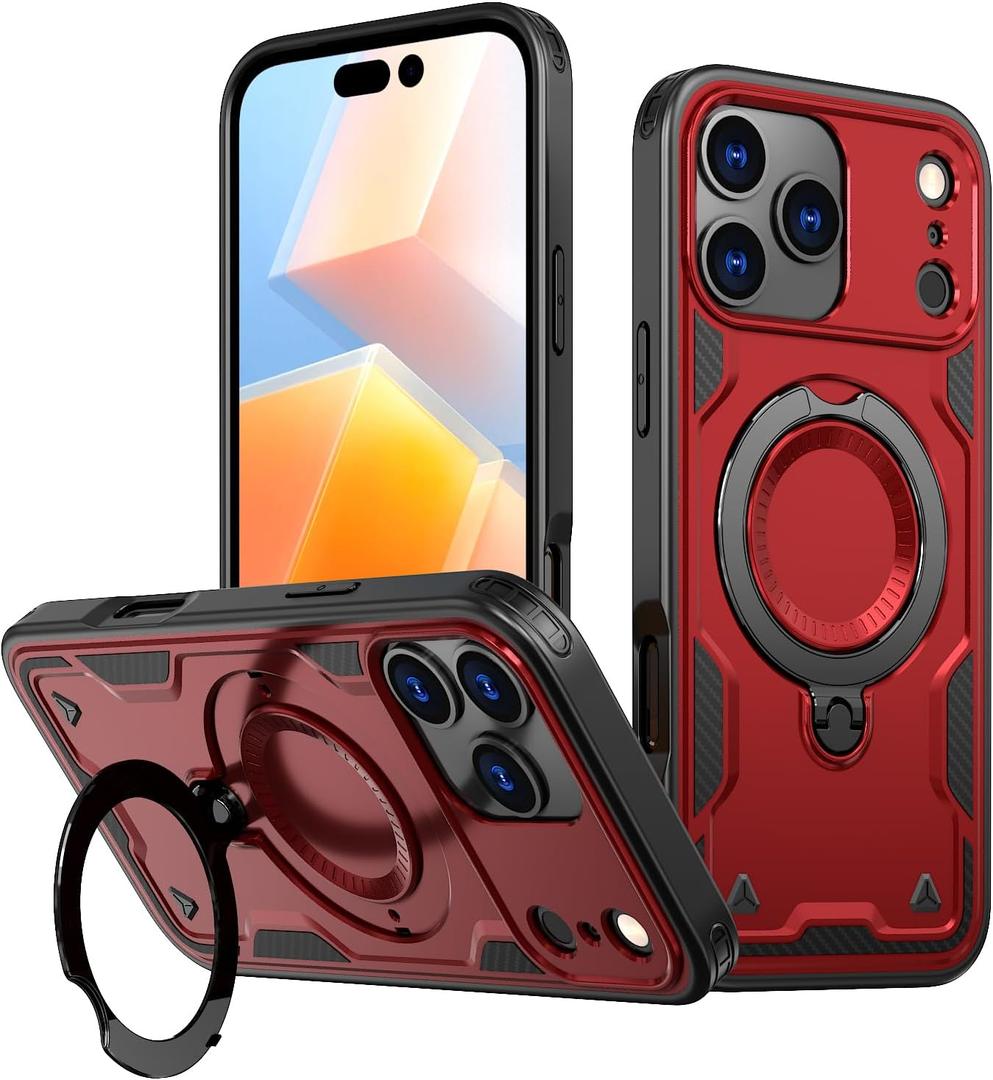 for iPhone 17 Pro Max Case with 360Spin Invisible Magnetic Stand, Support Wireless Charging, Hybrid Protective Slim Fit Shockproof Heavy Duty Protection Cover for iPhone 17 Pro Max 6.9 Inch, Red
