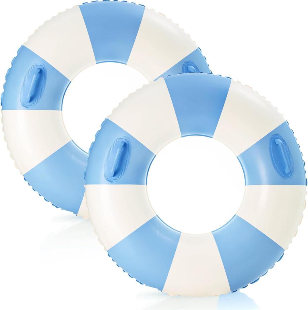 2PCS Stripe Pool Swim Ring with Handles Inflatable Pool Floats Water Fun Large Adult Swimming Pool Float for Beach Lake Summer Holiday Beach Party