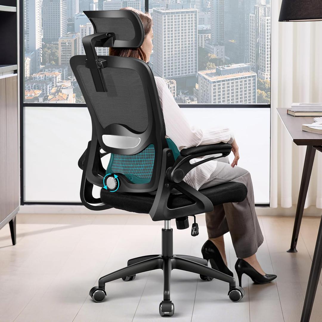 Ergonomic Office Chair,Mesh Office Chair with Lumbar Support,High Back Desk Chair with Flip-up Arms,400 lbs Big and Tall Computer Chair with Headrest,Comfy Desk Chairs, Standard