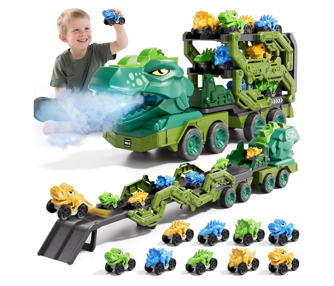 IHAHA 10 in 1 Dinosaur Truck Toys with 9 Dino Cars for Kids 3-5 Years, Dino Carrier Truck with Foldable Track, Spray, Light & Sounds, Birthday Gifts for Toddlers Boys Girls 3 4 5 6 7 8 Years Old