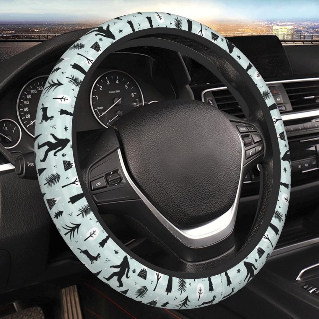 Bigfoot and Jackalope Winter Wilderness Car Steering Wheel Cover,Non-Slip Elastic Neoprene-Sweat Car Accessories,Universal 15 Inch Fit Auto, Vans Trucks,Suvs, Truck (One Size)
