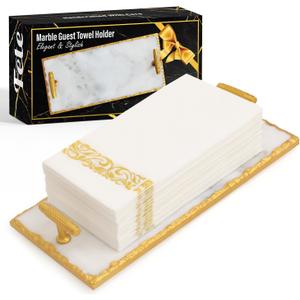 Guest Towel Holder Tray for Bathroom - Premium Marble Tray with Gold Rim - Bathroom Hand Towel Tray, The Perfect Vanity Tray for Bathroom. Ideal Valentines Day Gift.