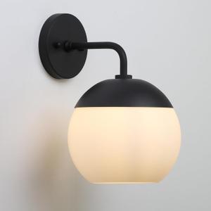 Modern Black Wall Sconce with Frosted Glass Globe Lampshade, Metal Base Industrial Wall Light Fixture, Indoor Wall Mounted Lamp for Vanity Bathroom Bedroom Living Room