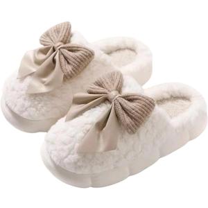 Plush Cute Bow Slippers for Women  Furry Comfy Indoor Outdoor Non-Slip House Slippers (White)