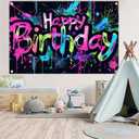 Neon Happy Birthday Banner - 71x43 Photography Backdrops, Party Background Decorations, Colorful Graffiti Splash Paint Kids Birthday Supplies, Glow in The Dark