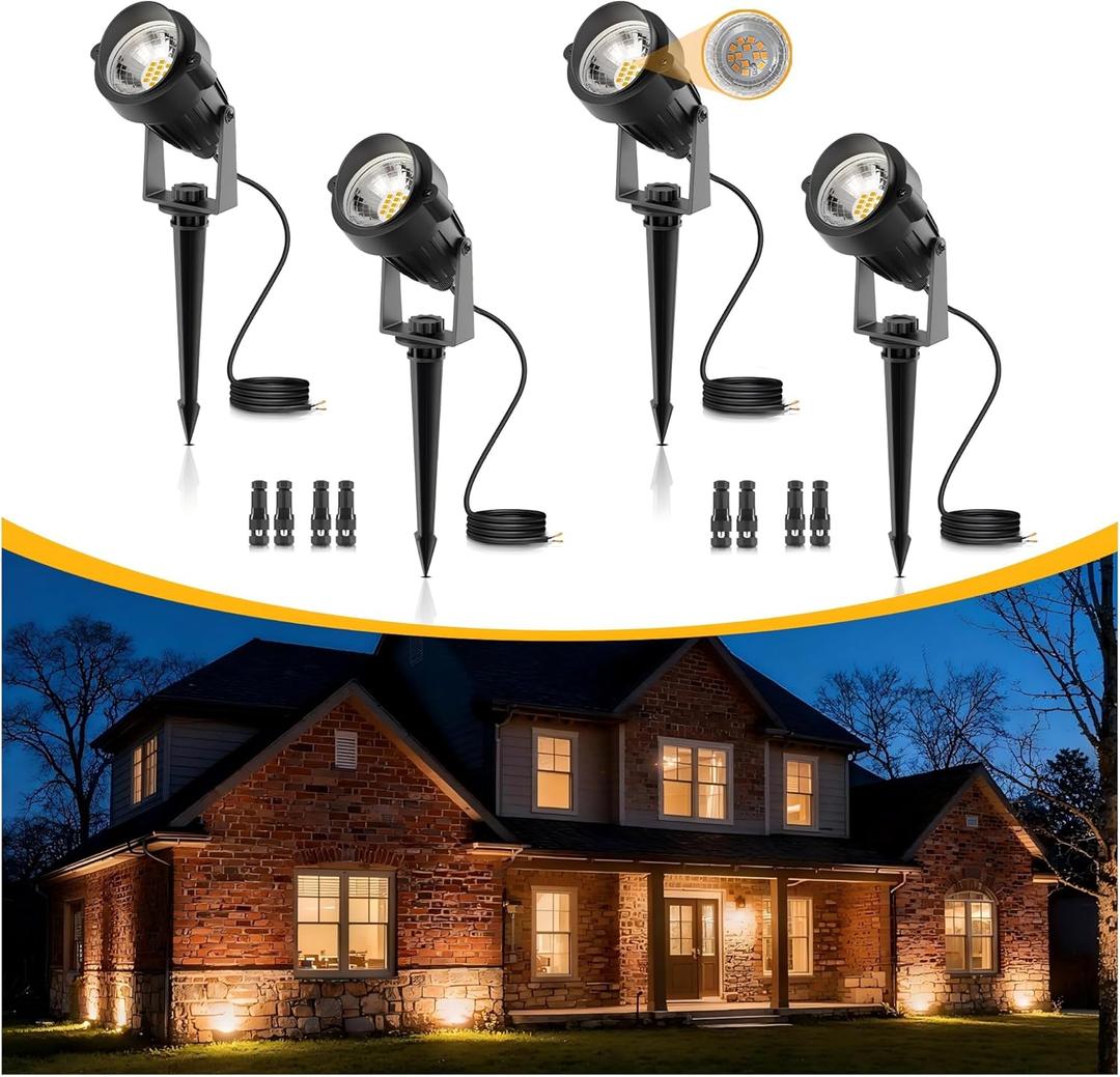 L LOHAS LED 5W Low Voltage Landscape Lighting, 12V 24V Outdoor Spot Lights with Connectors, IP66 Waterproof 3000K Warm White Uplight Spotlights for Yard, Garden, Pathway, House (4 Pack)