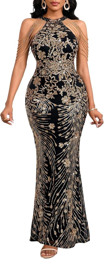 Cololura Women Sequin Halter Tassel Mermaid Formal Maxi Dress Evening Gown | Sexy Elegant Gala Dress, Cold-Shoulder Cutouts, Draped Chain Detail for Prom, Masquerade, Black-Tie, Cocktail Events (Black, L)